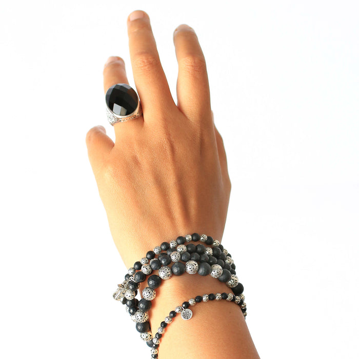 Oval Faceted Black Onyx LH Scroll Cocktail Ring