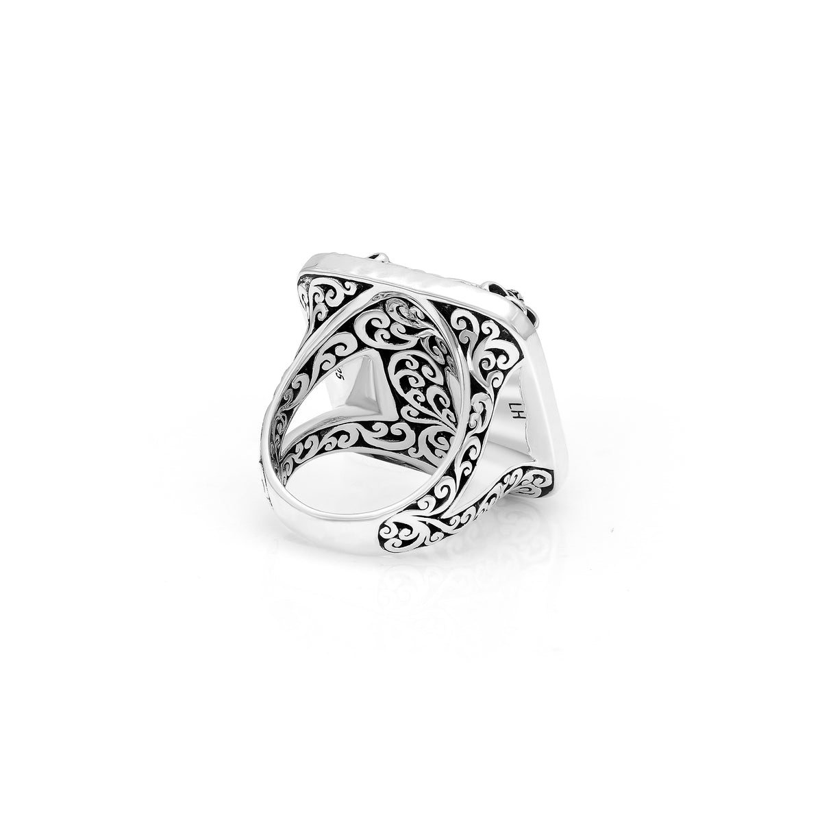 Antiqued LH Scroll Square Caged with Fleur-De-Lis Prong Cocktail Ring