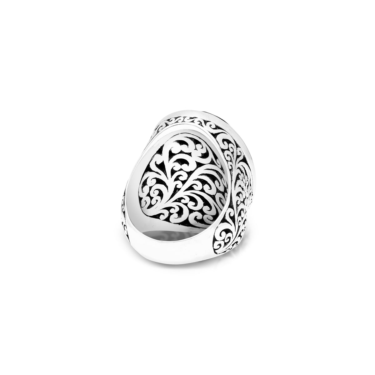 Oval Faceted Black Onyx LH Scroll Cocktail Ring