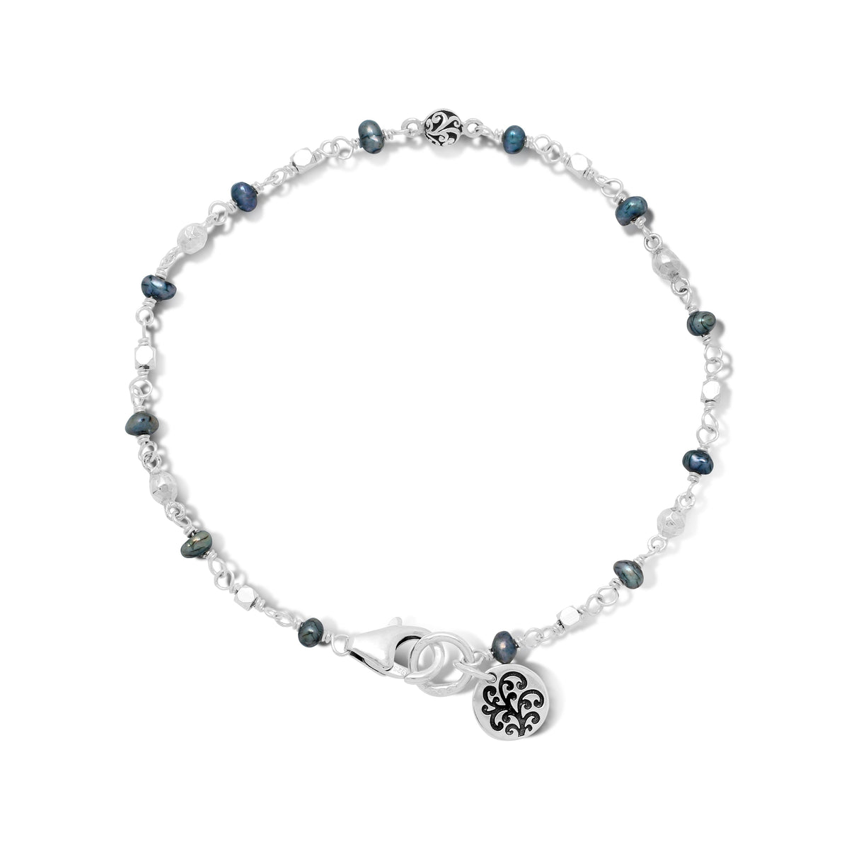 Single Strand Blue Pearl and LH Scroll (4mm) Beads with Wire Wrapped Bracelets