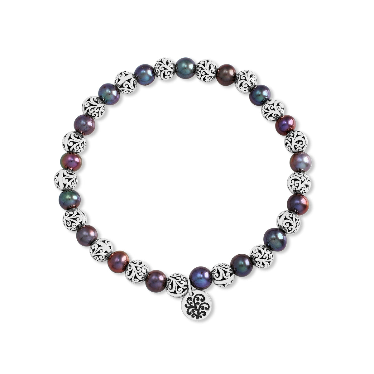 Peacock Pearl Beads (6mm) and LH Scroll Alternating Beads Stretch Bracelet