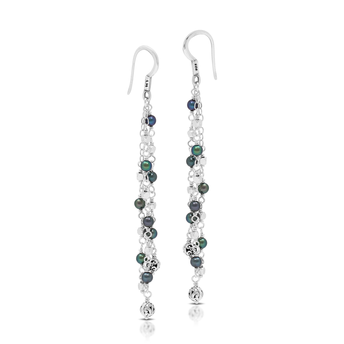 Blue Pearl Combined with LH Scroll Beads (3mm) Waterfall French Wire Earrings
