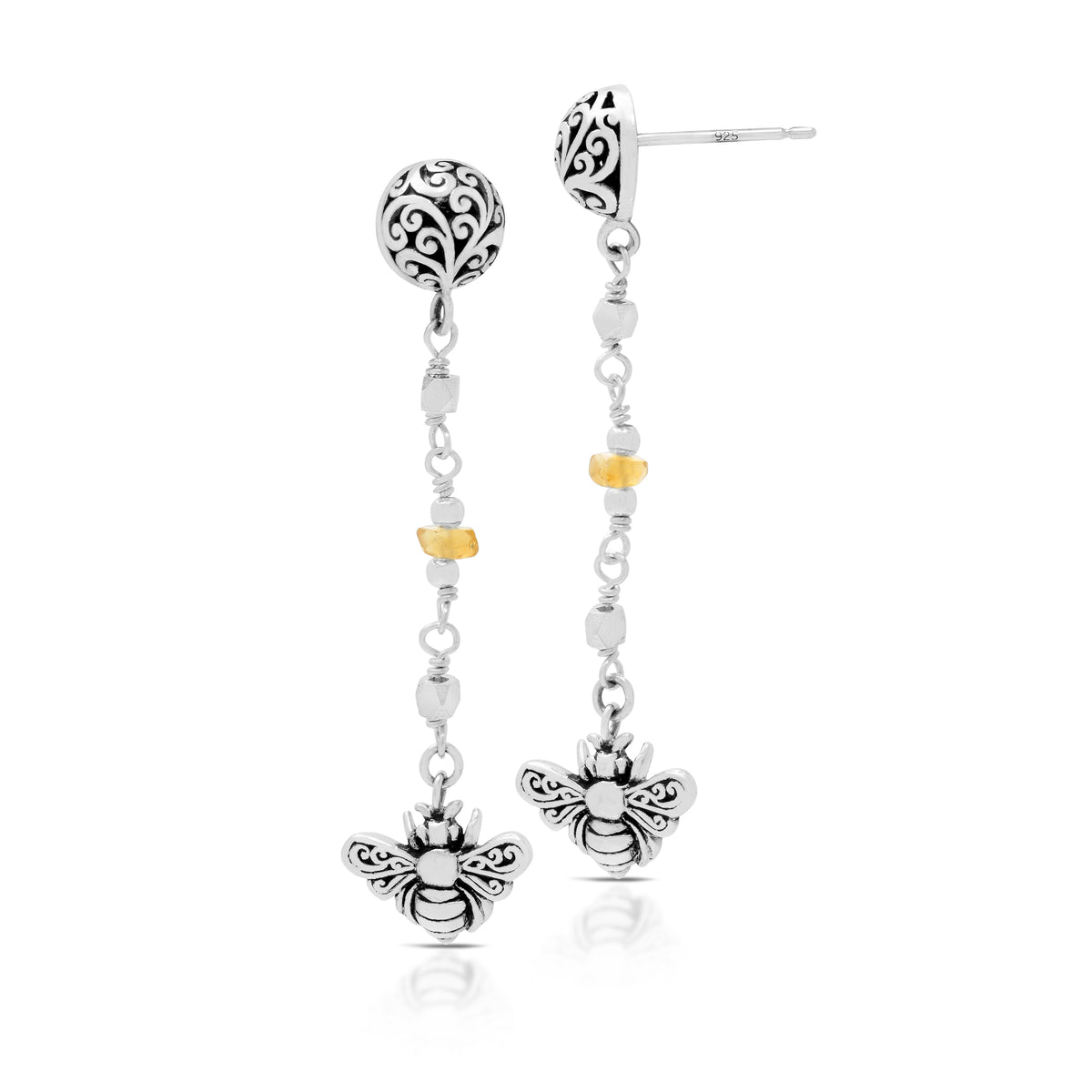 Faceted Citrine Beads with LH Scroll Bee Drop Dangle Post Earrings