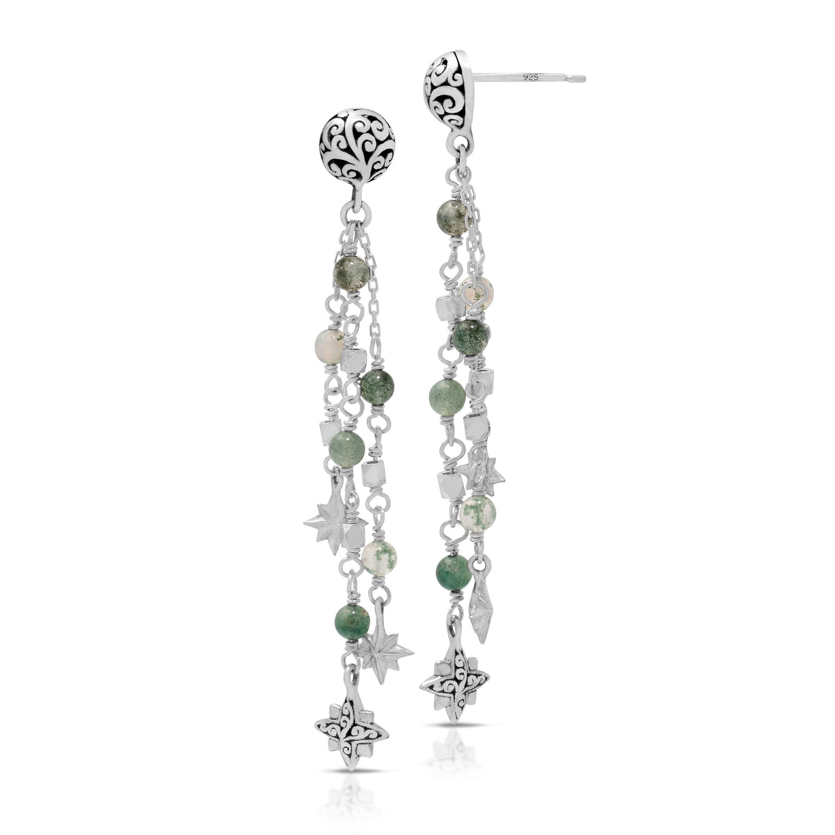 Moss Agate (3mm) and LH Scroll Beads Starbright Waterfall Dangle Post Earrings
