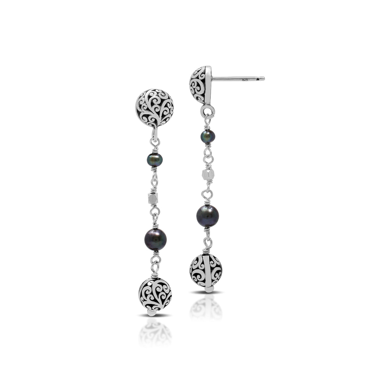 Peacock Pearl Bead (5mm) & LH Scroll Bead Linear Drop Earrings
