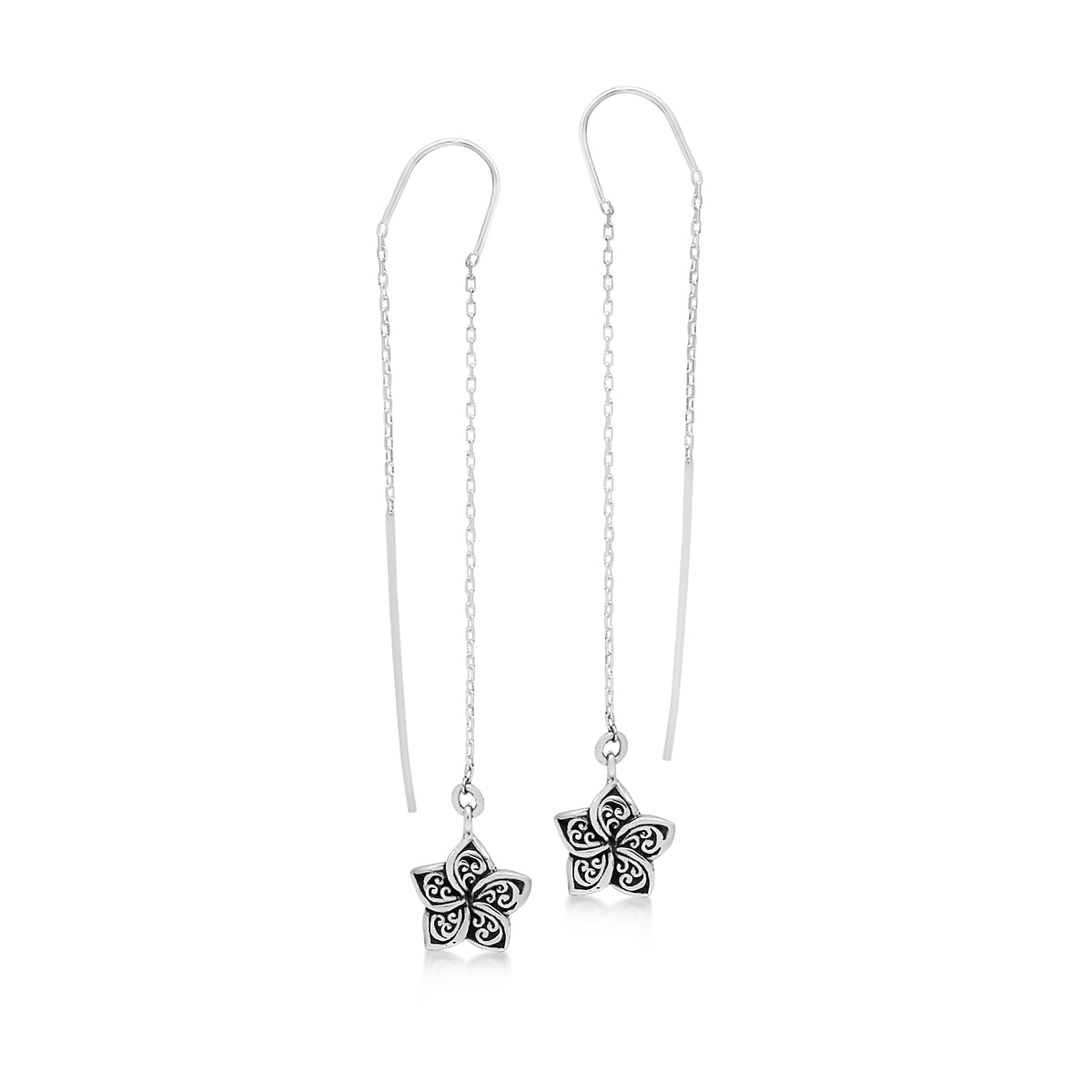 LH Signature Scroll Sterling Silver Floral Long Dangling Chain Threader Earrings - Lois Hill Jewelry