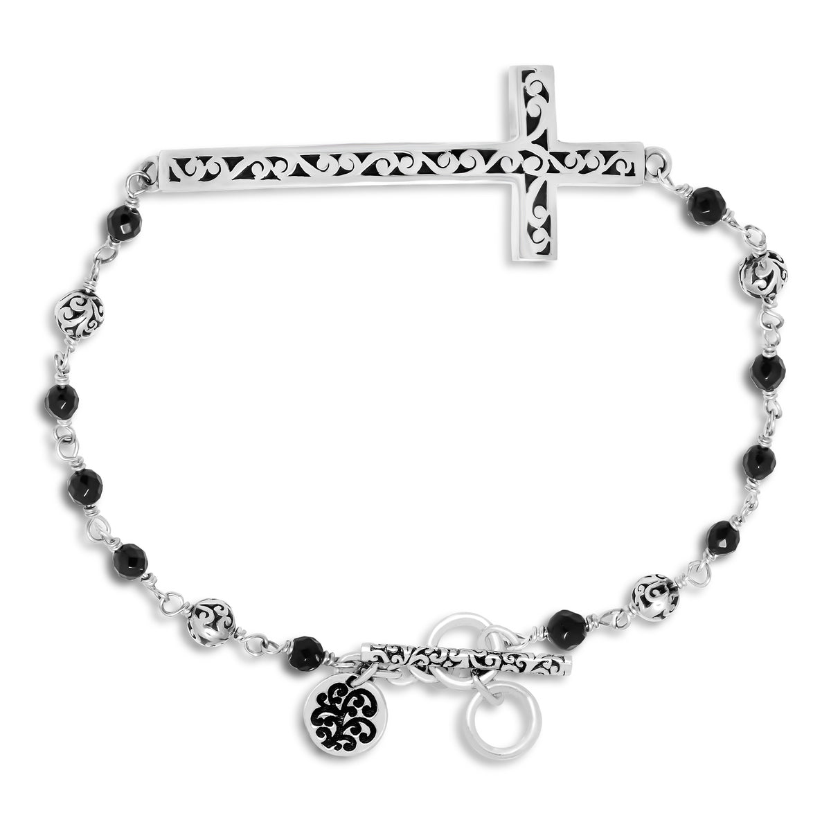 Black Onyx and LH Scroll Beads with 16mm x 40mm In Line Cross Bracelet