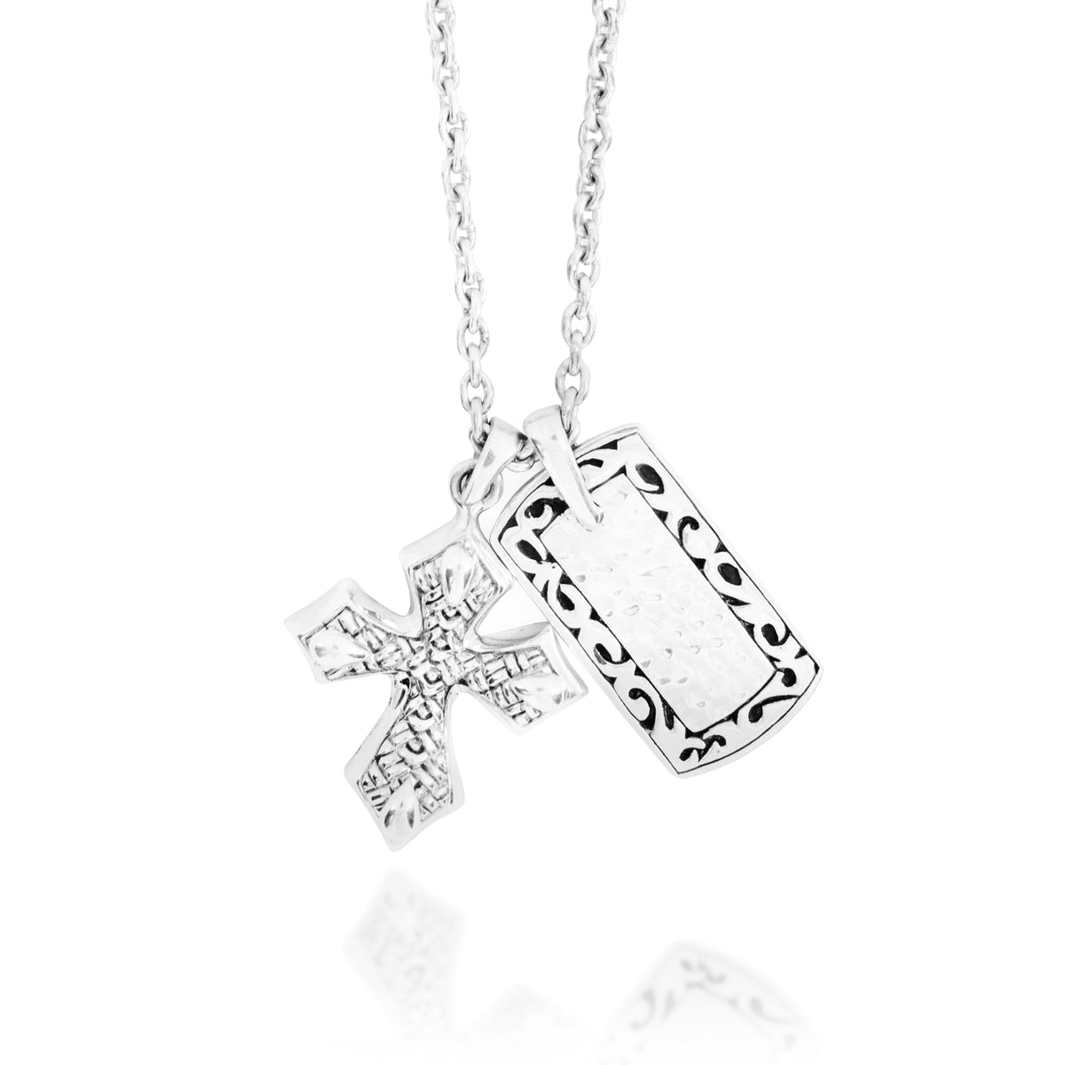 Classic LH Tribal Scroll Edge ID Tag with Cross Pendant Necklace. 28mm x 15mm Pendant