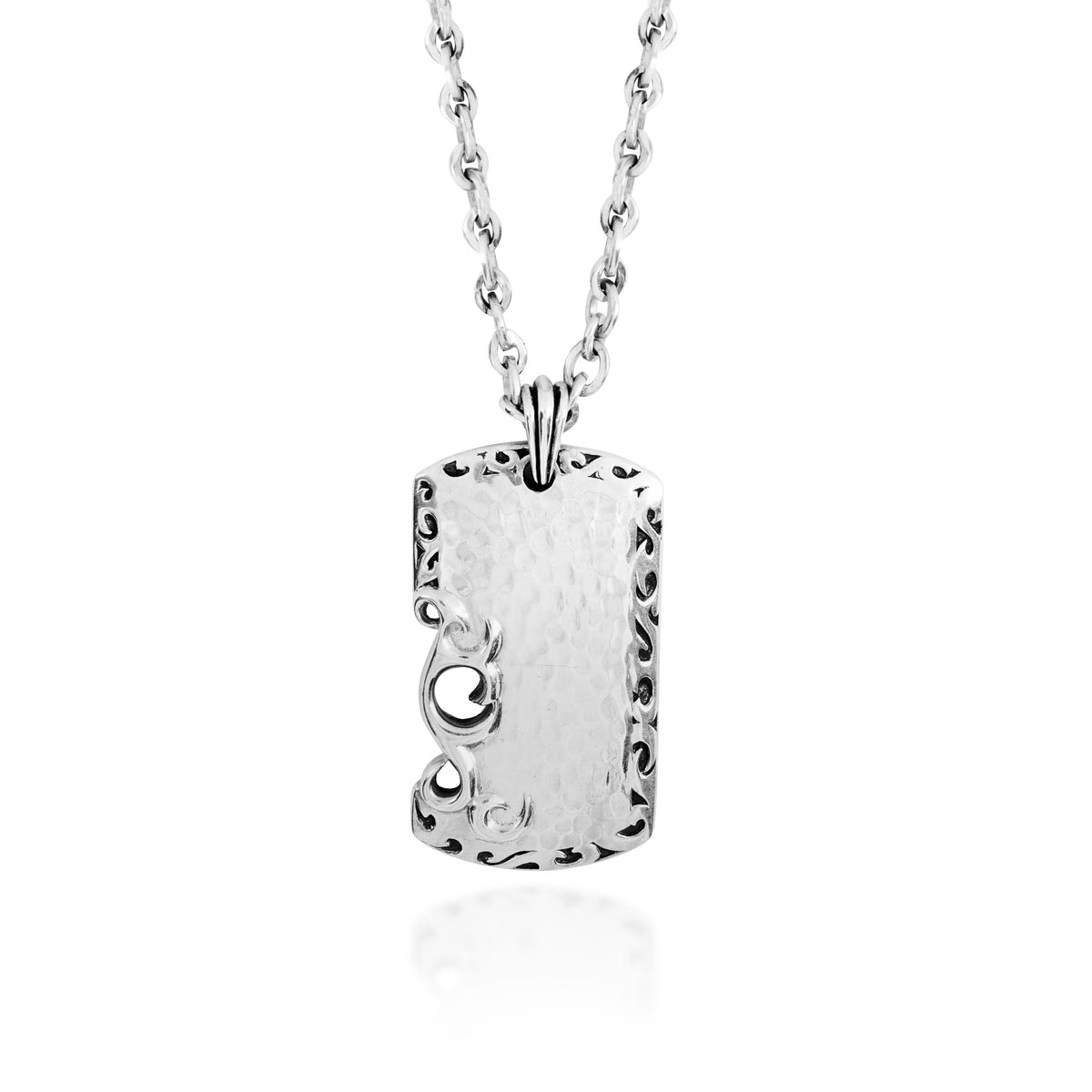 Classic LH Tribal Scroll Edge ID Tag with Open Hammered Necklace. 42mm x 24 Pendant