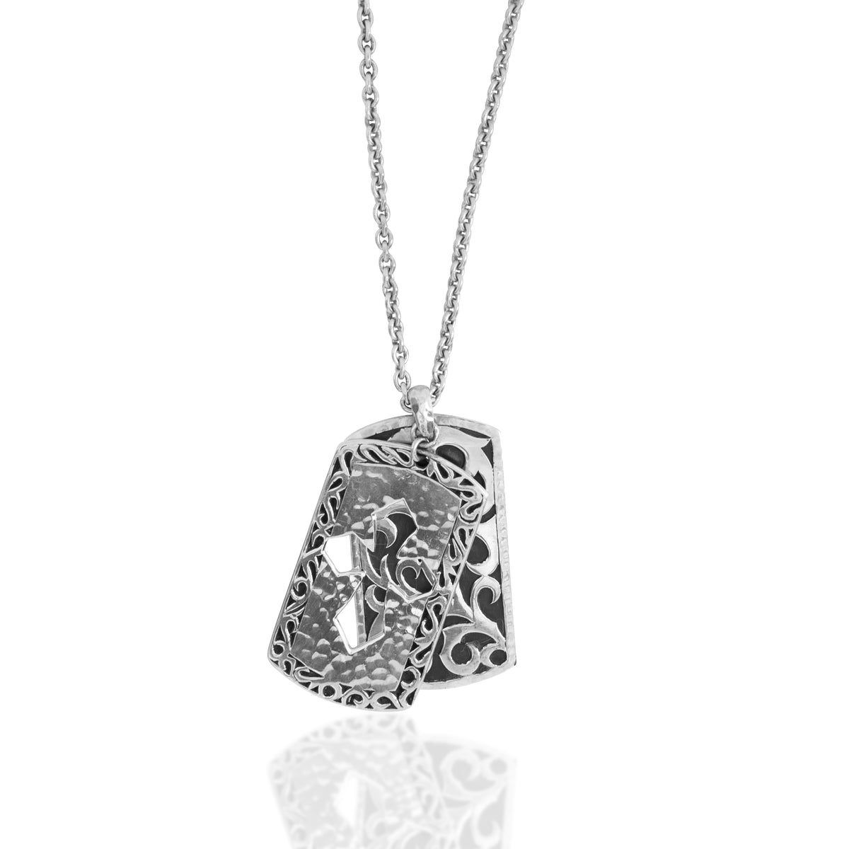 Classic LH Tribal Scroll ID Tag with Open Cross Dogtag Pendant Necklace. 41mm x 24mm Pendant