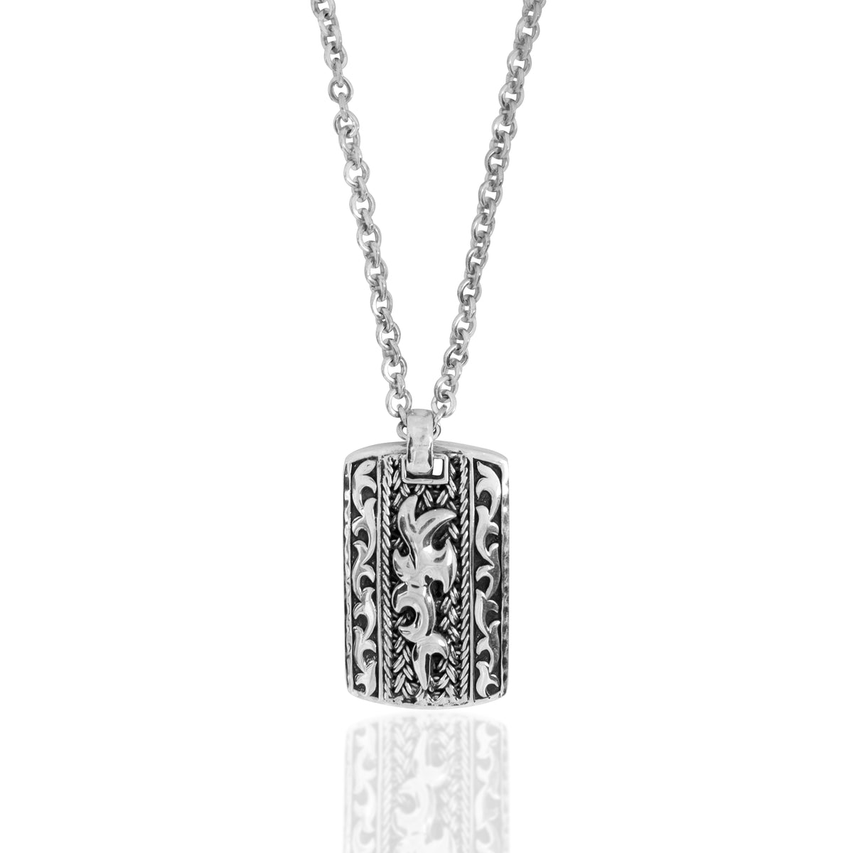 LH Men's Tribal Accent Textile Weave with Tribal Carved Border ID Tag Pendant Necklace