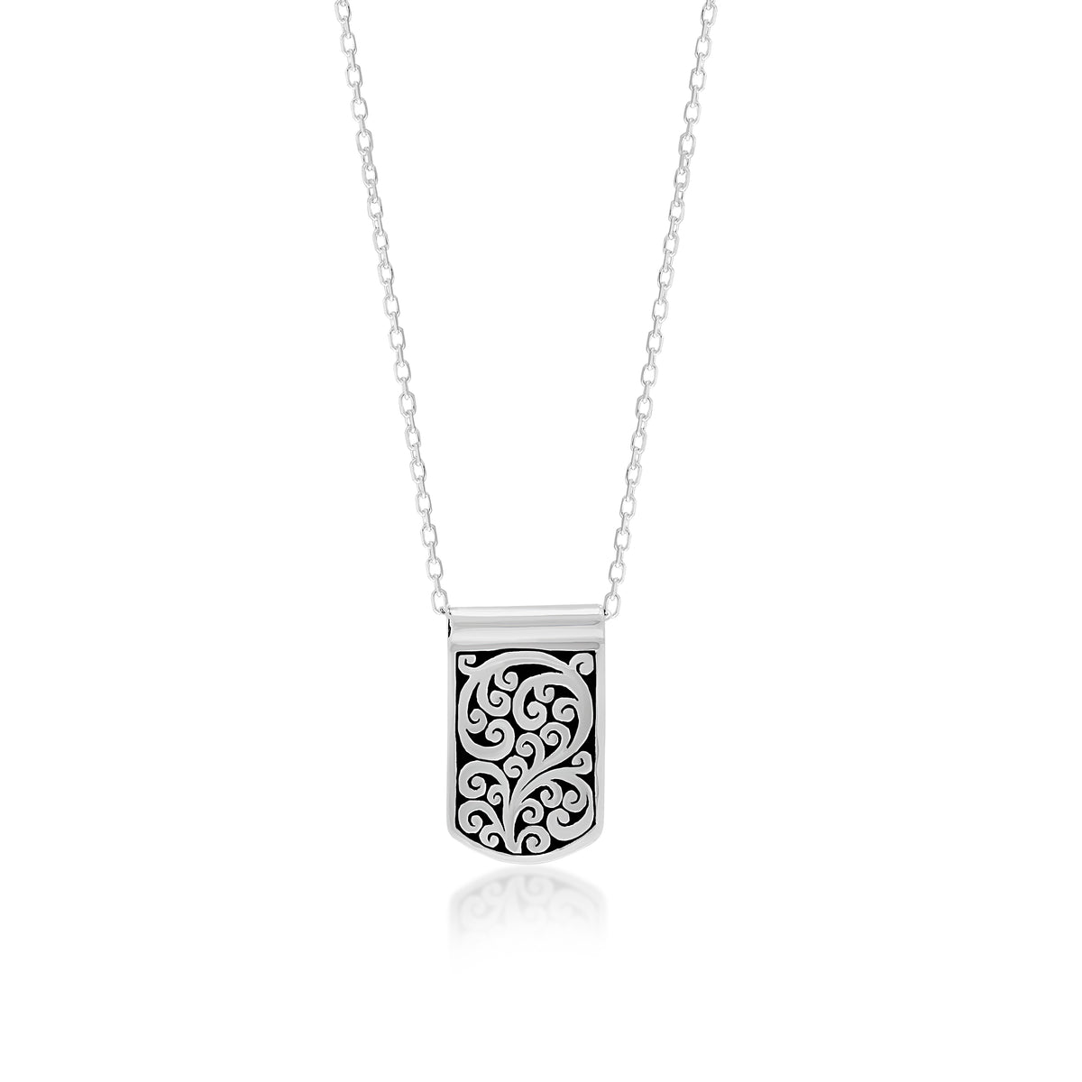 Granulated & Signature Scroll Double Side IDtag Pendant Sterling Silver Necklace. 10mm x 17mm Pendant
