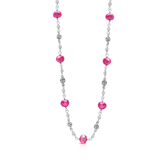 Pink Pearl Beads (6mm) & LH Scroll Beads with Delicate Single Strand Necklace (17"- 20")