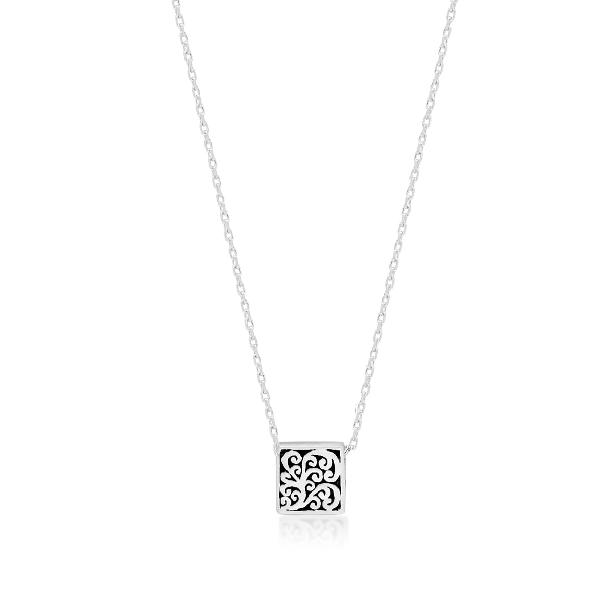 LH Signature Scroll Sterling Silver Delicate Tiny Square Block Pendant Necklace in 18" Adjustable Chain,  Pendant size 8 mm - Lois Hill Jewelry