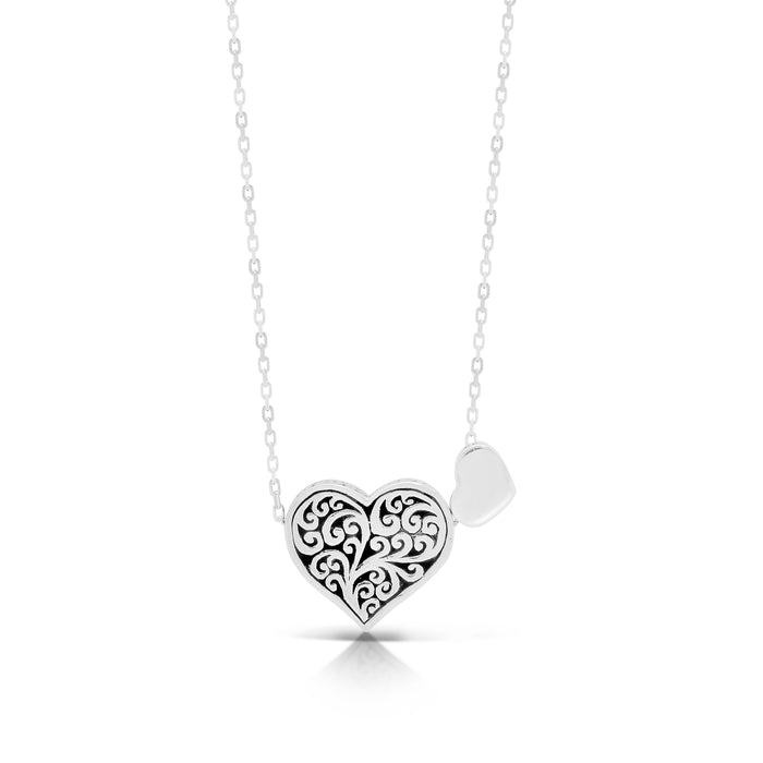 Classic Signature Open Scroll Heart-Shaped Pendant with Hanging Small Heart Necklace. 15mm x 13mm Pendant