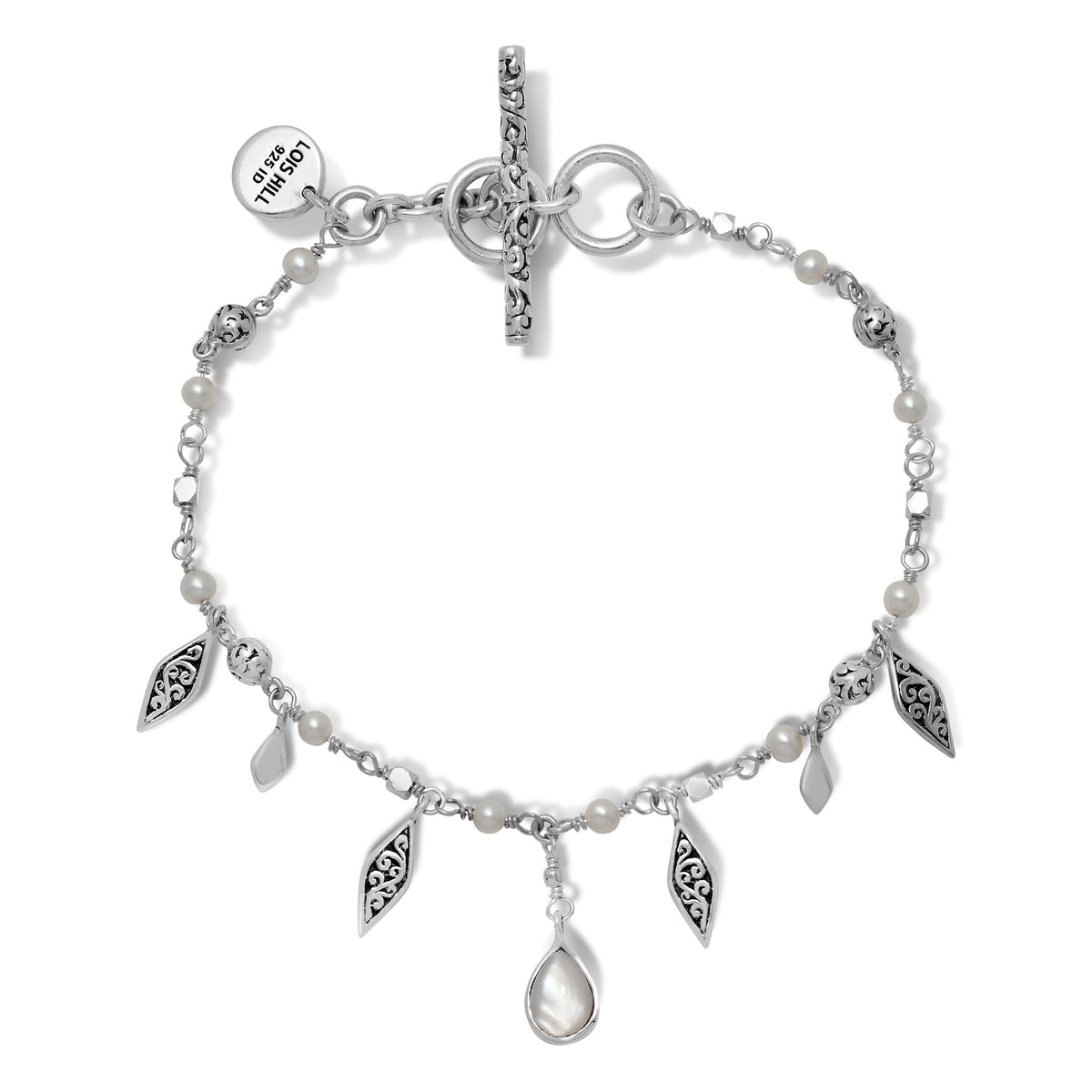 Mother-of-Pearl & LH Scroll Beads With Diamond-Shapped Charms Toggle Bracelet