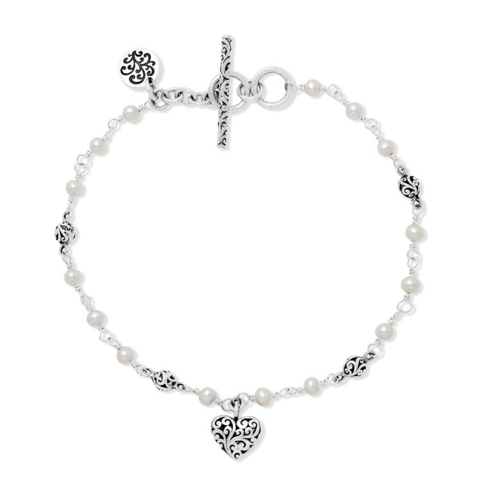 Mother-of-Pearl & LH Scroll Beads with Single Heart Charm Delicate Toggle Bracelet