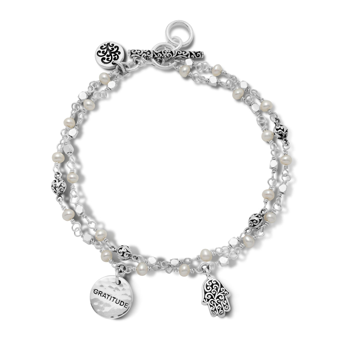 "HAMSA" Double Strand Mother-of-Pearl LH Scroll Beads Wire Wrapped Bracelet