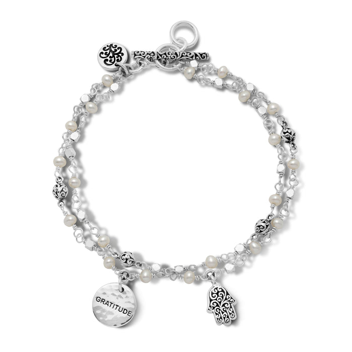 "HAMSA" Double Strand Mother-of-Pearl LH Scroll Beads Wire Wrapped Bracelet