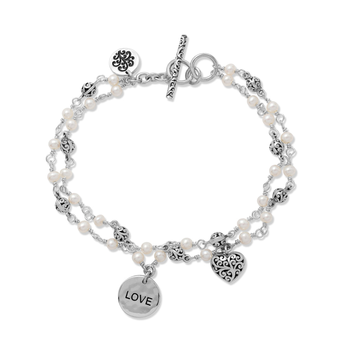 "HEART & LOVE" Double Strand Mother-of-Pearl LH Scroll Beads Wire Wrapped Bracelet