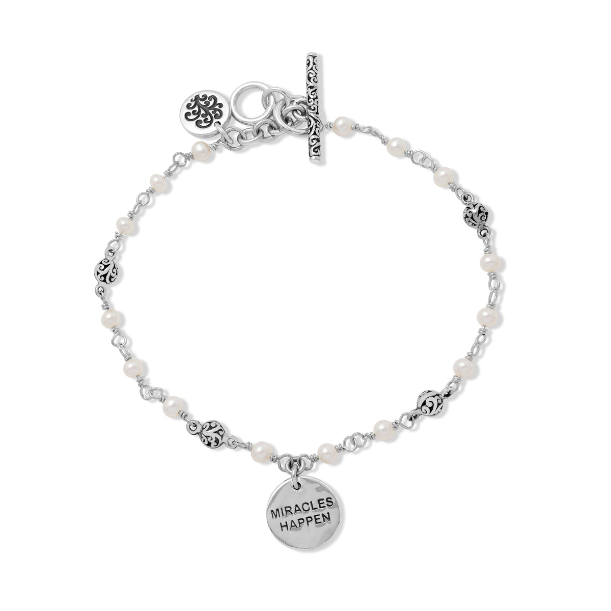 "MIRACLES HAPPEN" Mother-of-Pearl LH Scroll Beads Wire Wrapped Bracelet