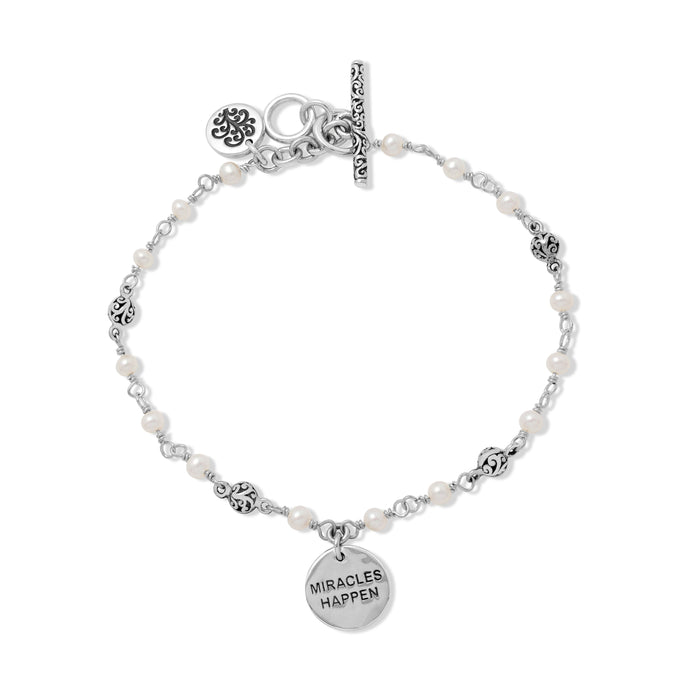 "MIRACLES HAPPEN" Mother-of-Pearl LH Scroll Beads Wire Wrapped Bracelet