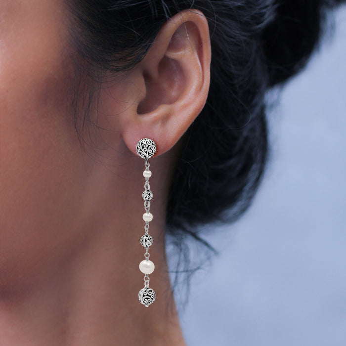 Mother-of-Pearl LH Scroll Beads Linear Long Drop Earrings on 8mm Bead Posts