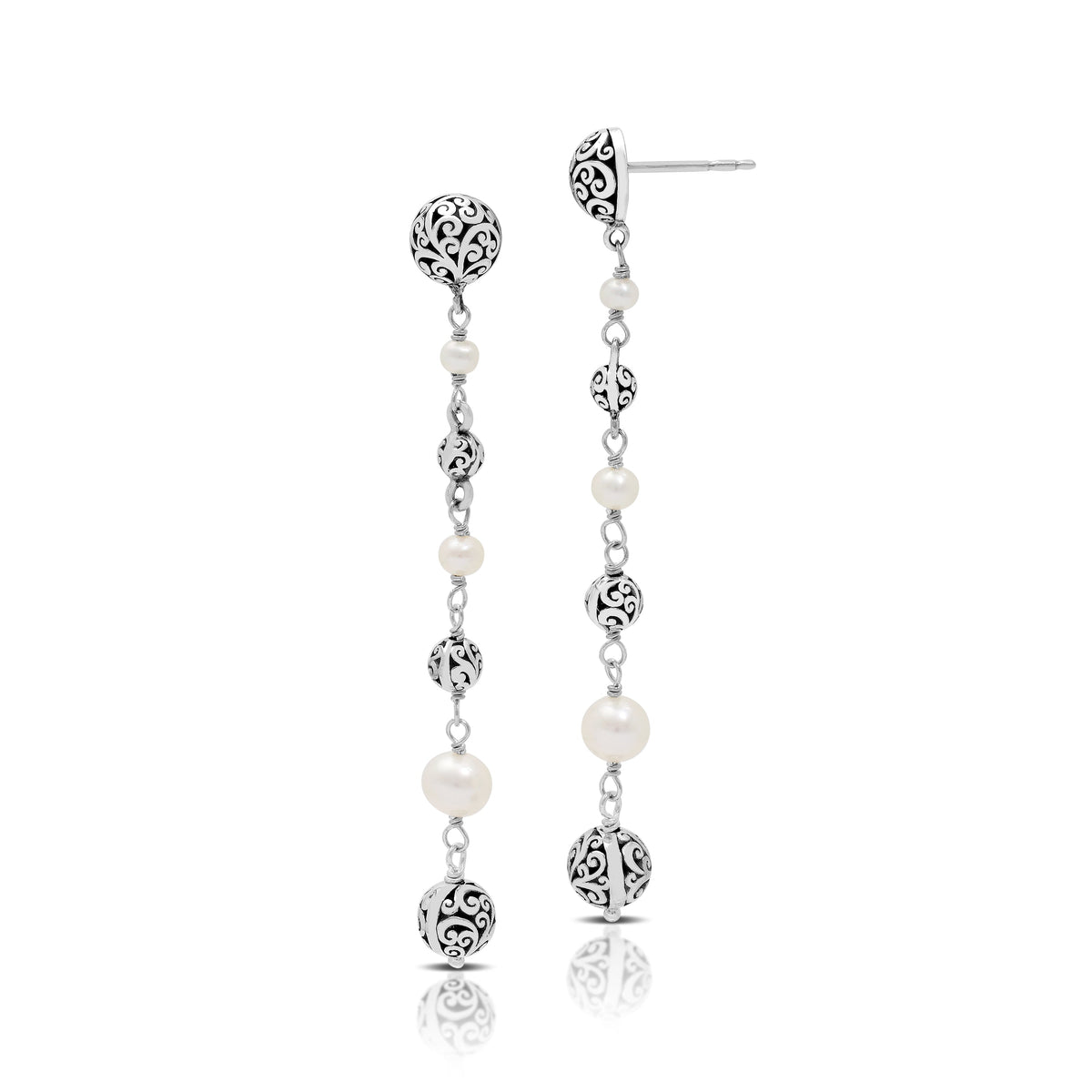 Mother-of-Pearl LH Scroll Beads Linear Long Drop Earrings on 8mm Bead Posts