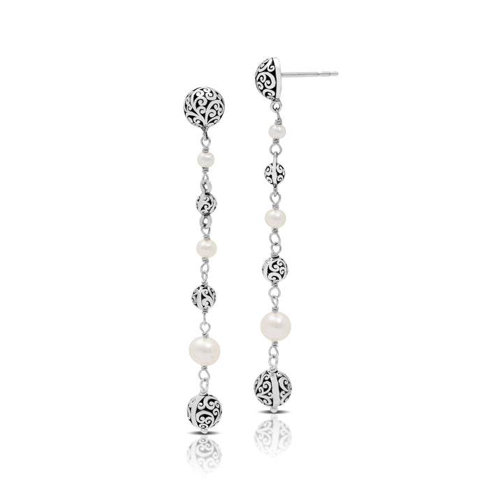 Mother-of-Pearl LH Scroll Beads Linear Long Drop Earrings on 8mm Bead Posts