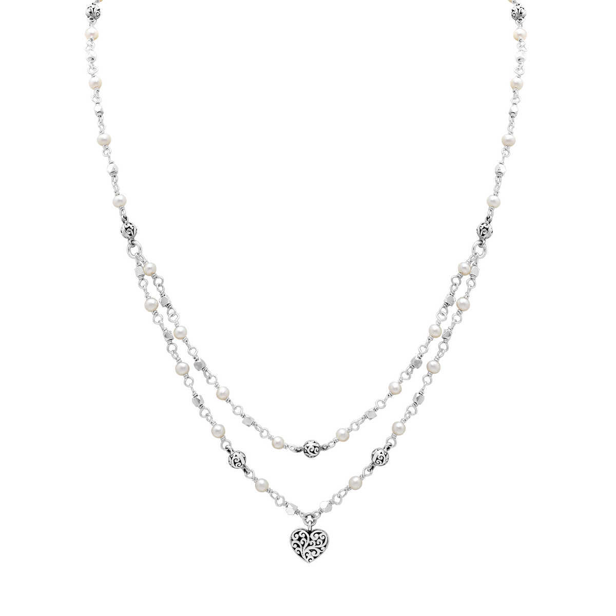 Two-Row Wire Wrapped Mother-of-Pearl Necklace with LH Scroll Heart Charm; 17"-20"