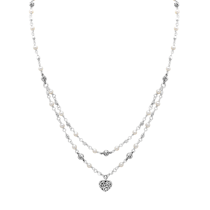 Two-Row Wire Wrapped Mother-of-Pearl Necklace with LH Scroll Heart Charm; 17"-20"