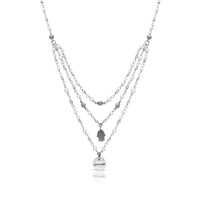 Three-Row Wire Wrapped Mother-of-Pearl Necklace with LH Scroll Hamsa & Disc Charms; 17"-20"