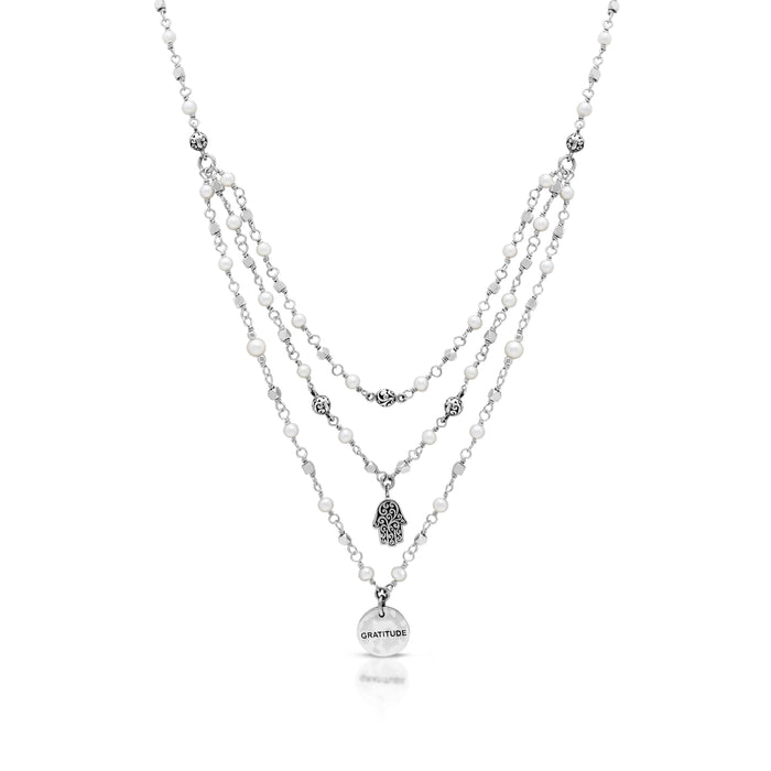 Three-Row Wire Wrapped Mother-of-Pearl Necklace with LH Scroll Hamsa & Disc Charms; 17"-20"