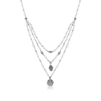 Three-Row Wire Wrapped Mother-of-Pearl Necklace with LH Scroll Hamsa & Disc Charms; 17"-20"