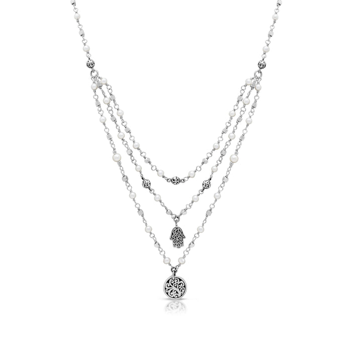 Three-Row Wire Wrapped Mother-of-Pearl Necklace with LH Scroll Hamsa & Disc Charms; 17"-20"