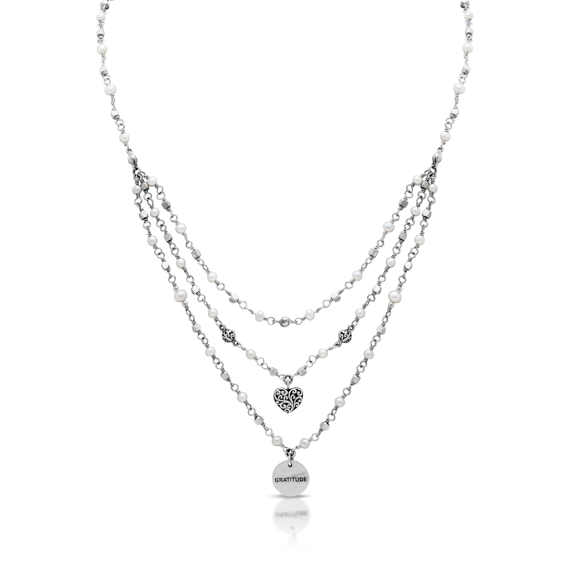 Three-Row Wire Wrapped Mother-of-Pearl Necklace with LH Scroll Heart & Disc Charms; 17"-20"