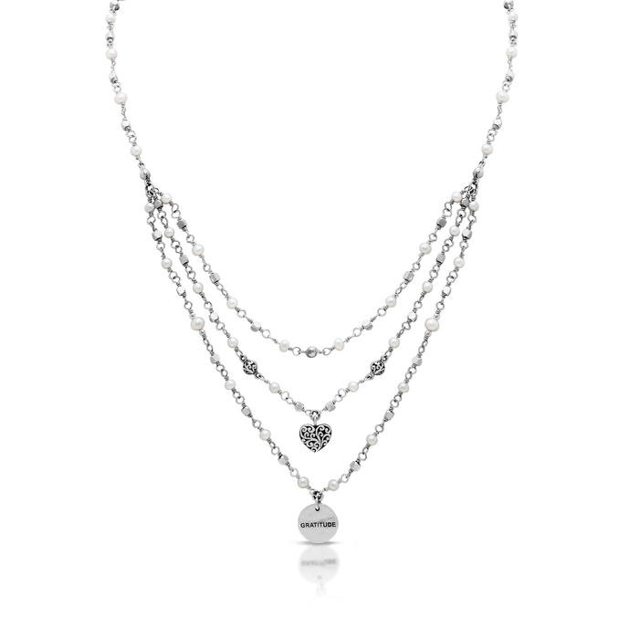 Three-Row Wire Wrapped Mother-of-Pearl Necklace with LH Scroll Heart & Disc Charms; 17"-20"