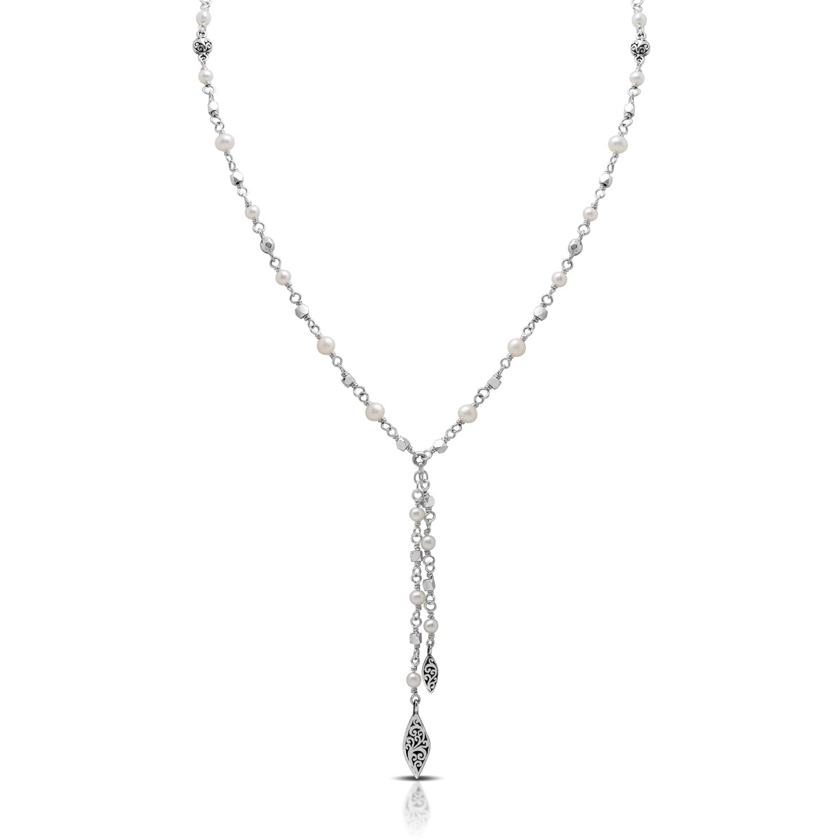 LH Scroll Wire Wrap Mother-of-Pearl Lariat Necklace; 17"-20"