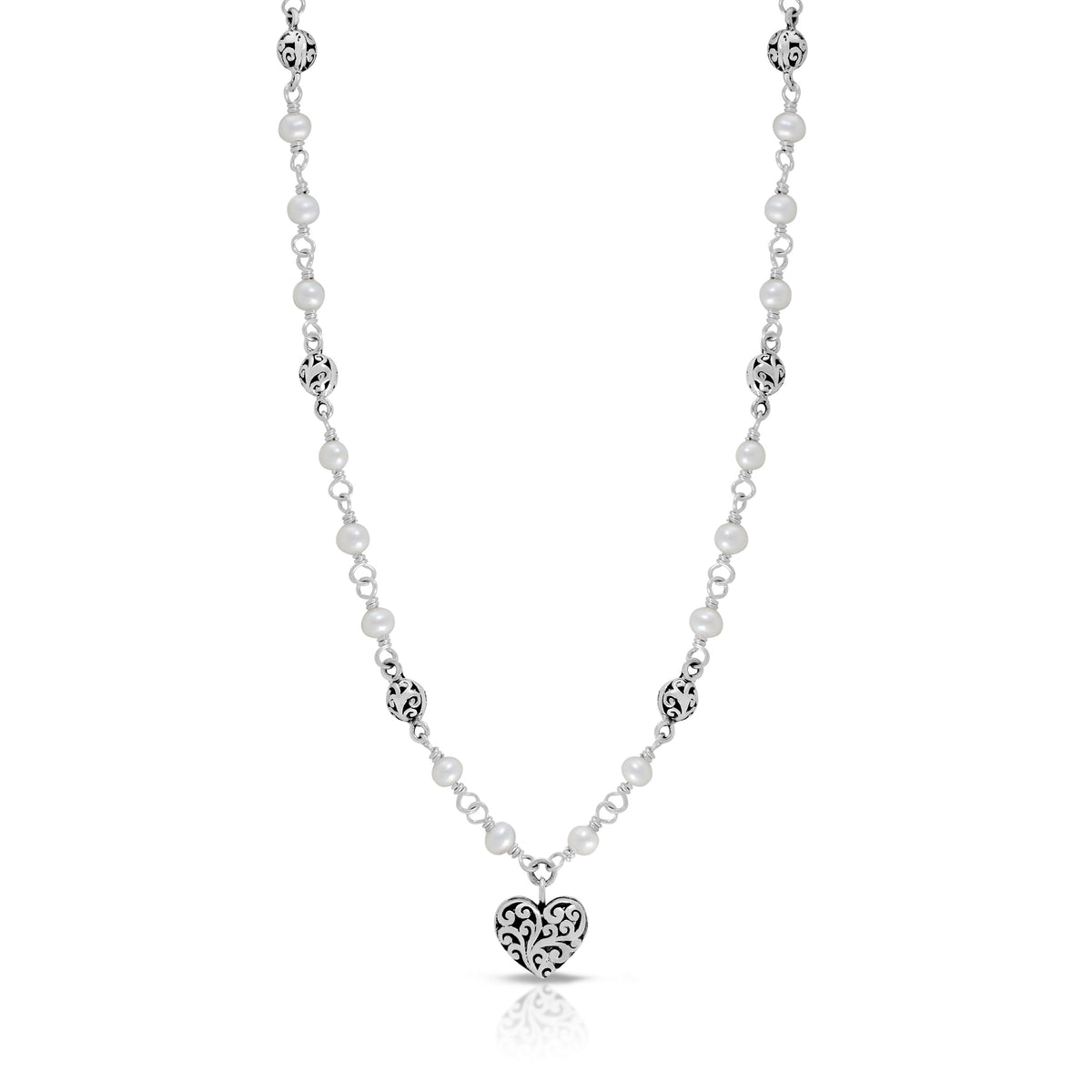 Mother-of-Pearl & LH Scroll Beads With Heart Charm Necklace ( 17''- 20")