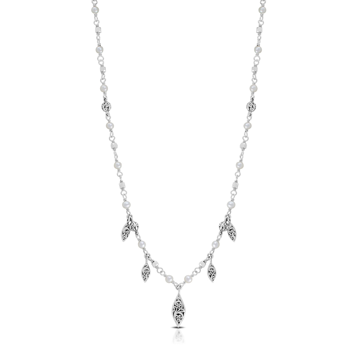 Mother-of-Pearl & LH Scroll Beads With Marquise Charms Wire-Wrapped Necklace (17"-20")