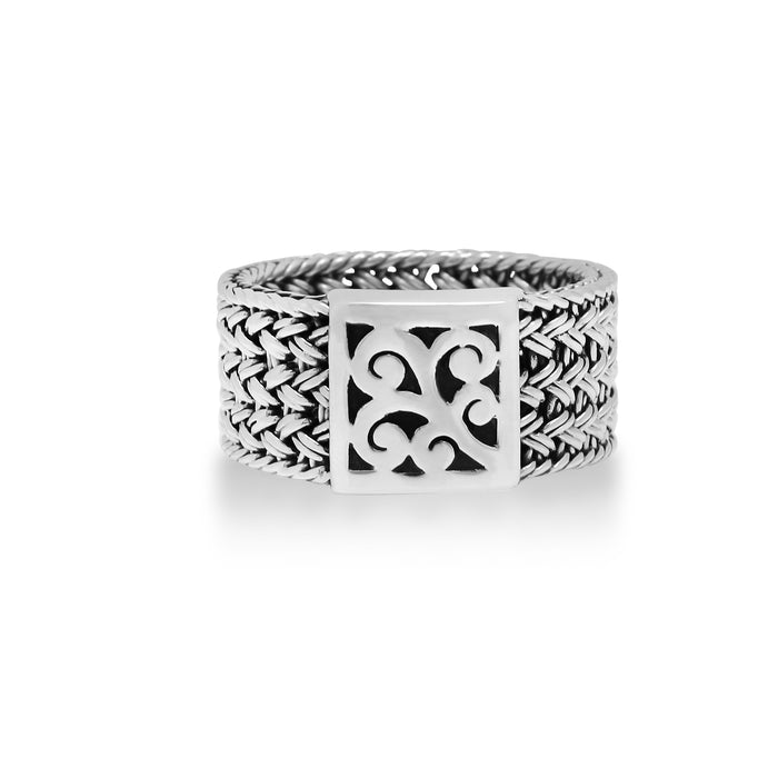 Classic Textile Weave Cutout Scroll Square Ring
