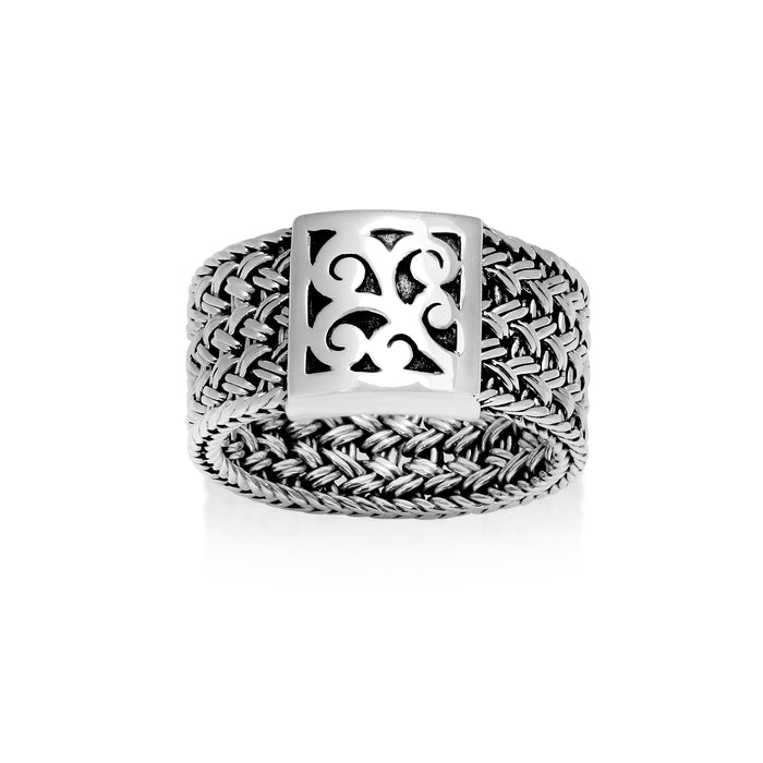 Classic Textile Weave Cutout Scroll Square Ring