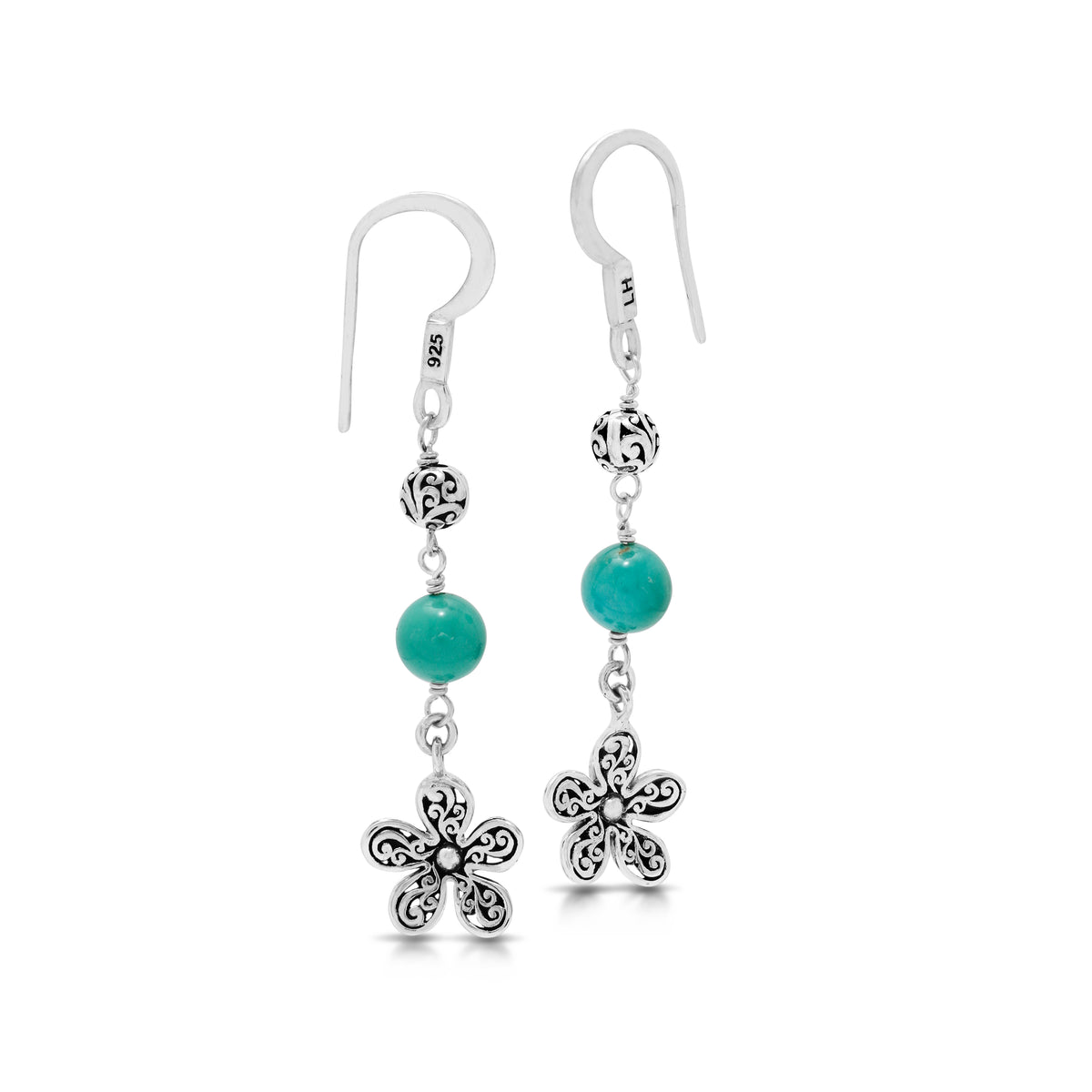 Blue Turquoise Bead with Sterling Silver Scroll Bead and Flower Scroll Drop Fishook Earrings - Lois Hill Jewelry