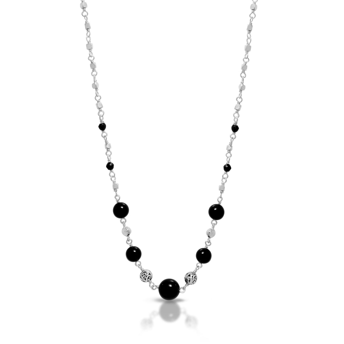 Black Onyx Pendant (8mm) with Scroll Bead Station and Wire-Wrapped Chain Necklace 18"- 20"