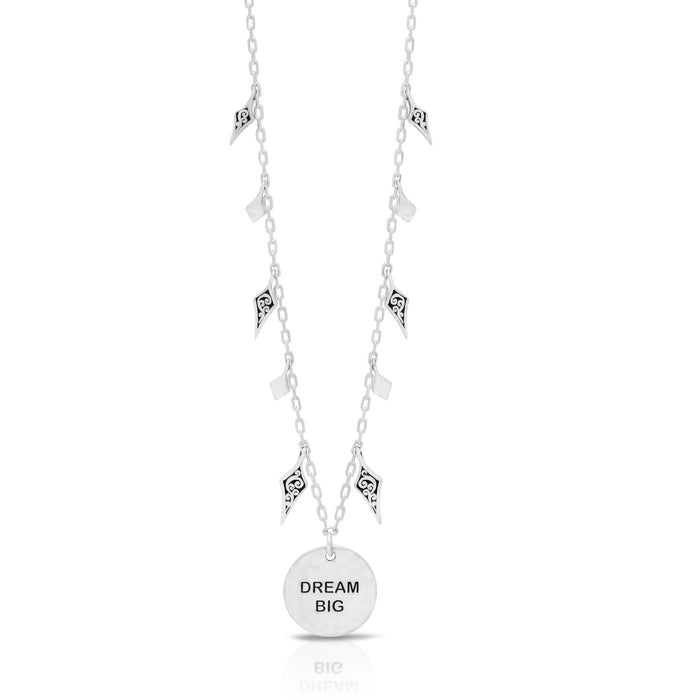 LH Round Pendant ''Dream Big'' 15mm Scroll Back with Dangle Charm on Chain Necklace 16''-18'' Adj