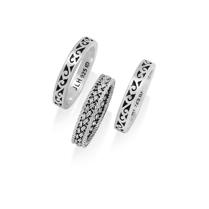 LH Classic Signature Scroll and Textile Band 3-Stack Ring