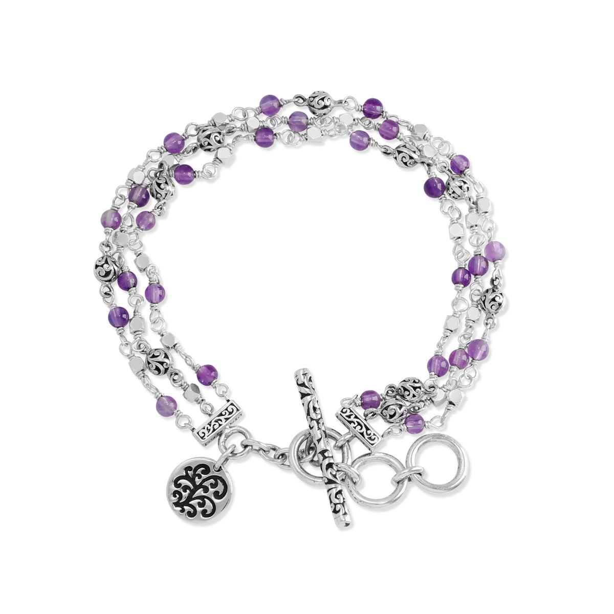 Amethyst & LH Scroll Beads Three-Strands Wire-Wrapped Toggle Bracelet