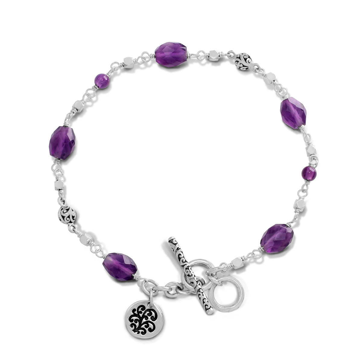 Amethyst Faceted Oval (5x8mm) & LH Scroll Beads Wire-Wrapped Toggle Bracelet