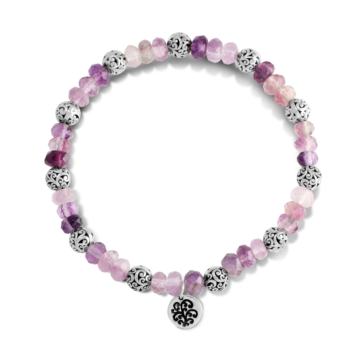 Amethyst 3-Shades Faceted Beads & LH Scroll Alternated Stretch Bracelet