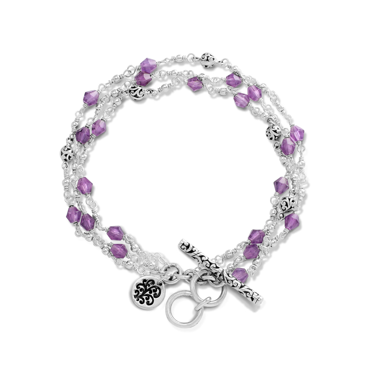 Amethyst Faceted Oval & LH Scroll Beads Three-Strand Wire-Wrapped Toggle Bracelet